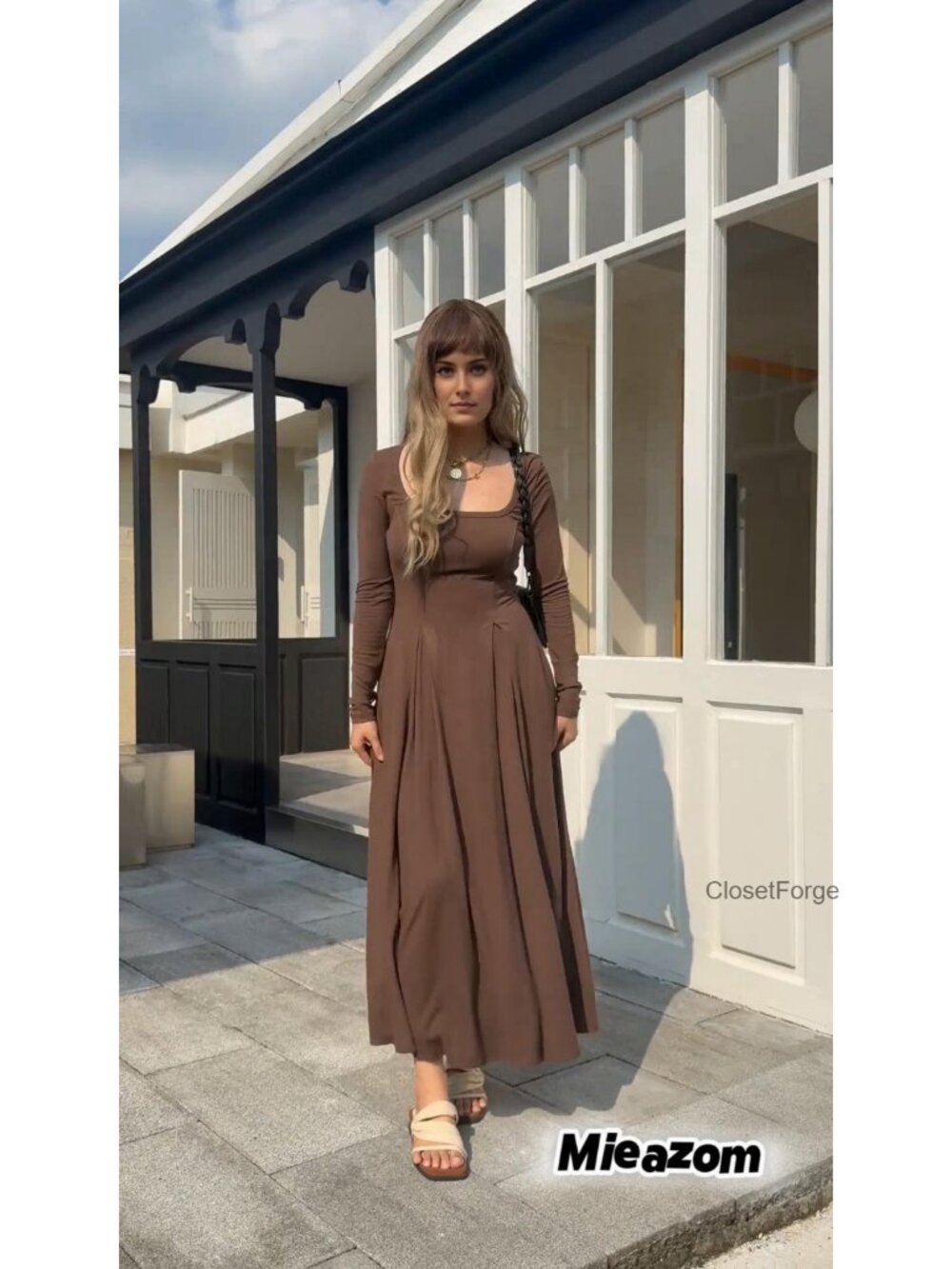 Women Long Sleeve Square Neck Maxi Pleated Dress with Pockets Fall Casual - Picture 6 of 6